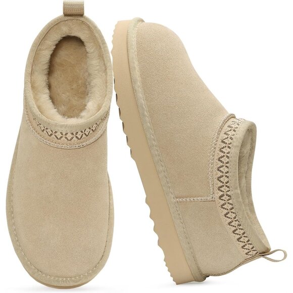 Shoes - Women's Suede Mini Boots Fuzzy Snow Boots Short Ankle Boot with Fur Lined Sand